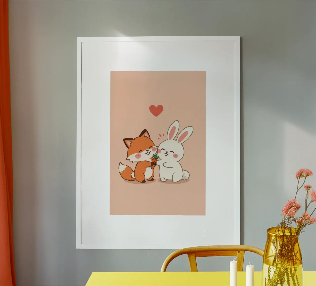 Zorro cariñoso de dibujos animados dando una zanahoria a un conejo poster de DesignDoodle