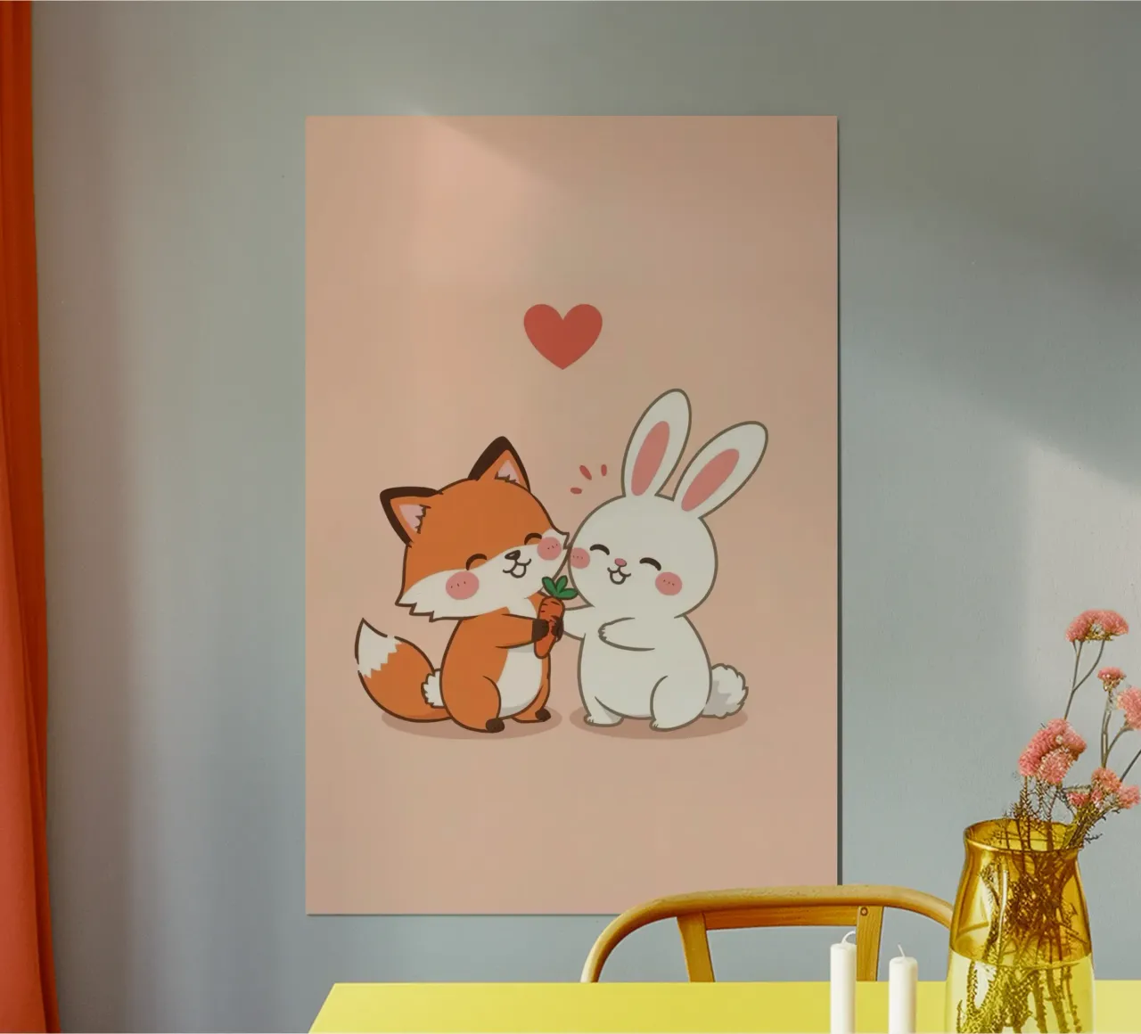 Zorro cariñoso de dibujos animados dando una zanahoria a un conejo poster de DesignDoodle