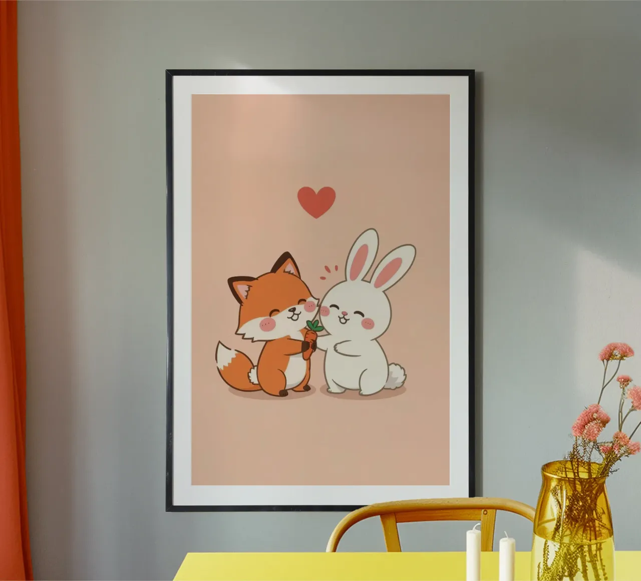 Zorro cariñoso de dibujos animados dando una zanahoria a un conejo poster de DesignDoodle