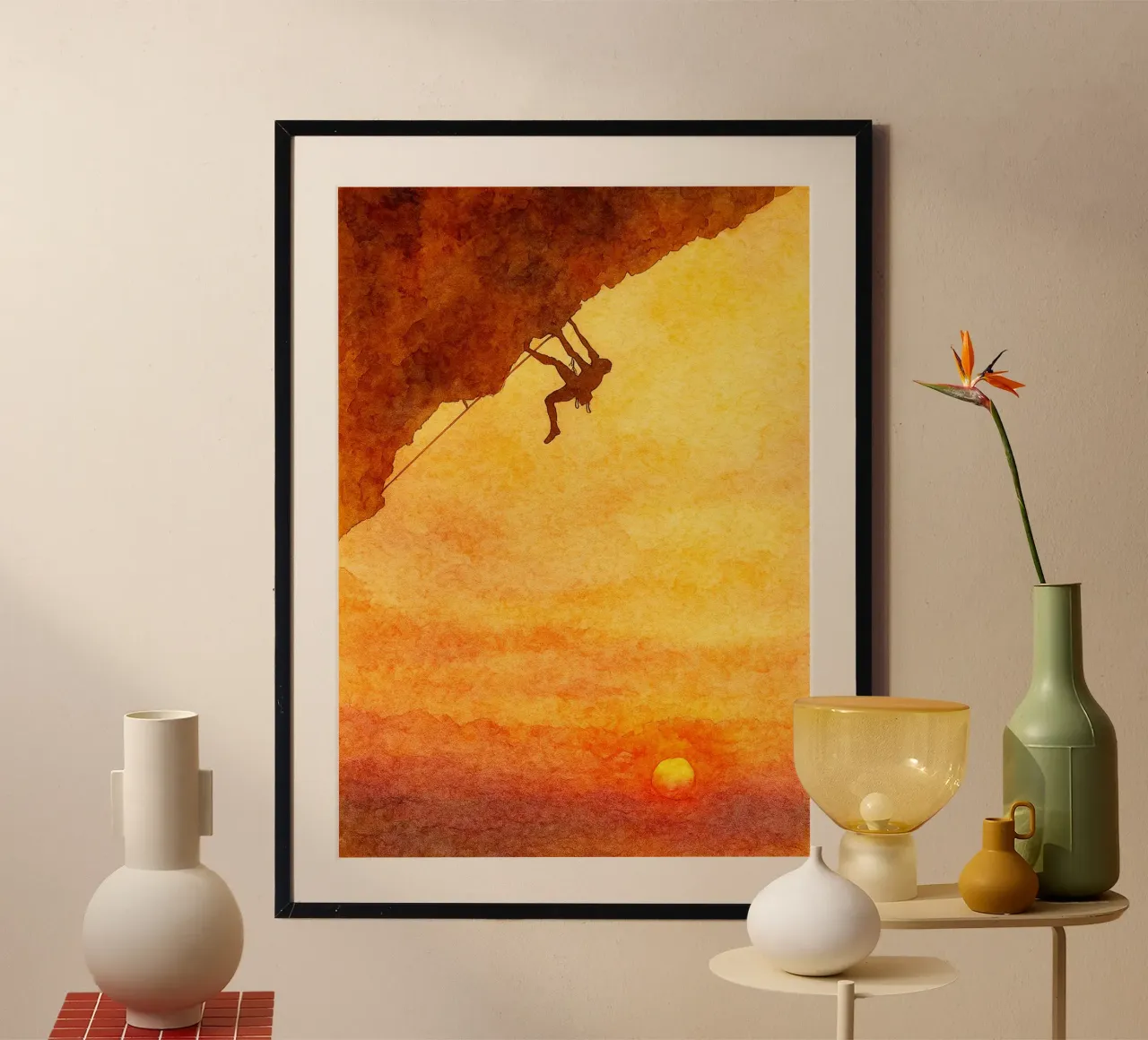 Felsklettern Berg Extremsport Malerei Poster mit Aluminium Rahmen von warsilaw