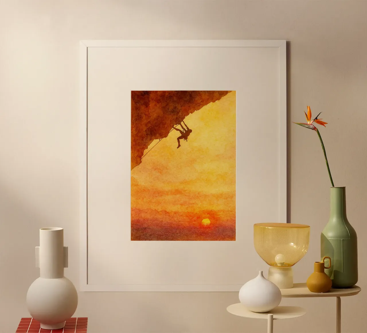 Felsklettern Berg Extremsport Malerei Poster mit Aluminium Rahmen von warsilaw