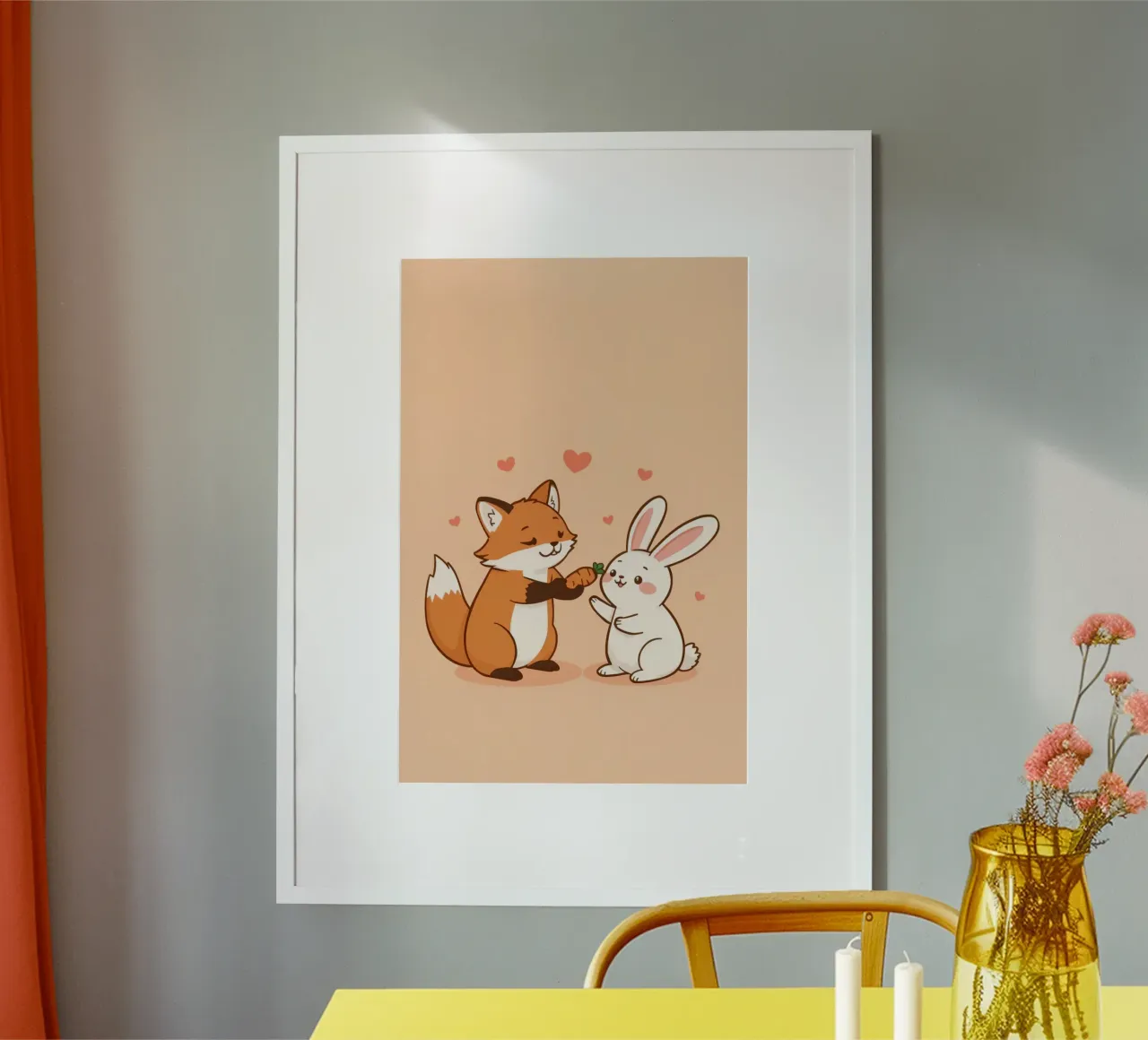 Renard caricatural offrant une carotte à un lapin caricatural Illustration poster de DesignDoodle