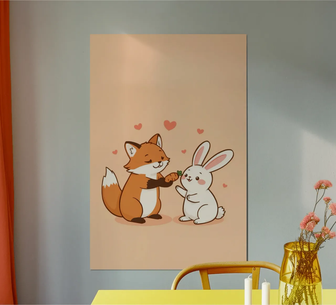 Renard caricatural offrant une carotte à un lapin caricatural Illustration poster de DesignDoodle