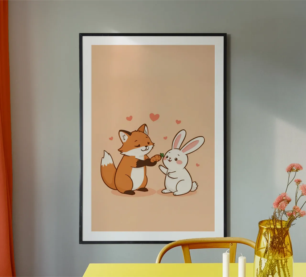 Renard caricatural offrant une carotte à un lapin caricatural Illustration poster de DesignDoodle