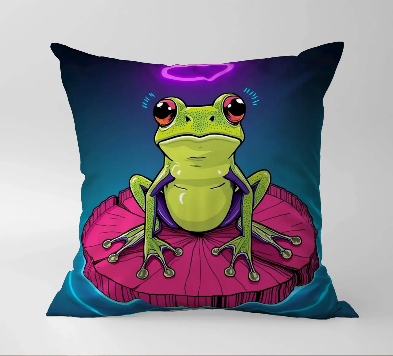 Rana cartone animato su ninfea con aureola cuscino da DesignDoodle