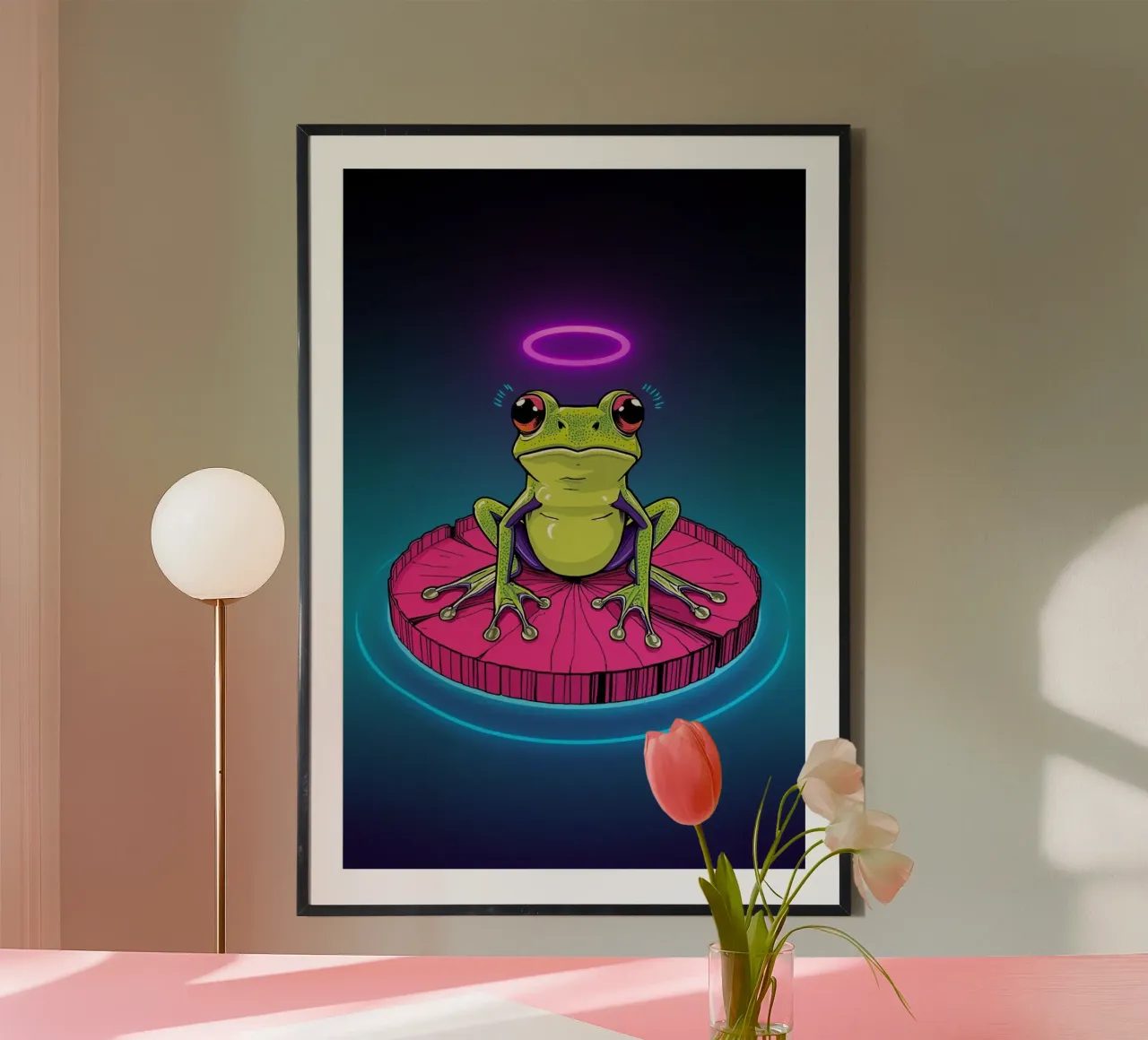Rana cartone animato su ninfea con aureola poster con telaio in legno da DesignDoodle