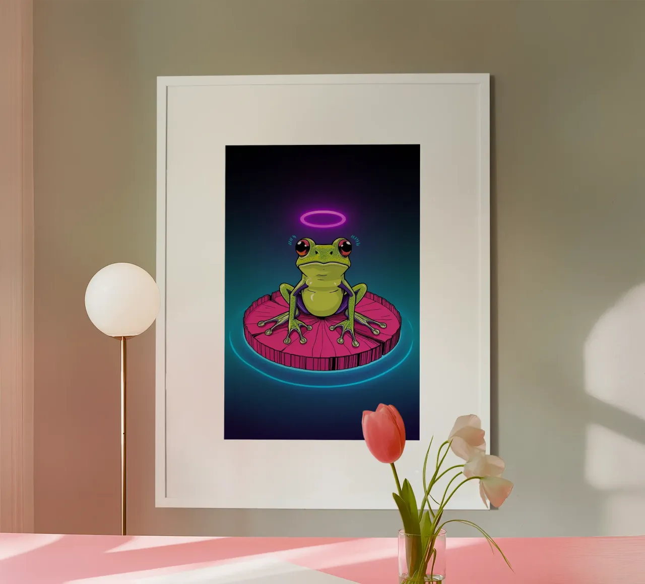 Rana cartone animato su ninfea con aureola poster con telaio in legno da DesignDoodle