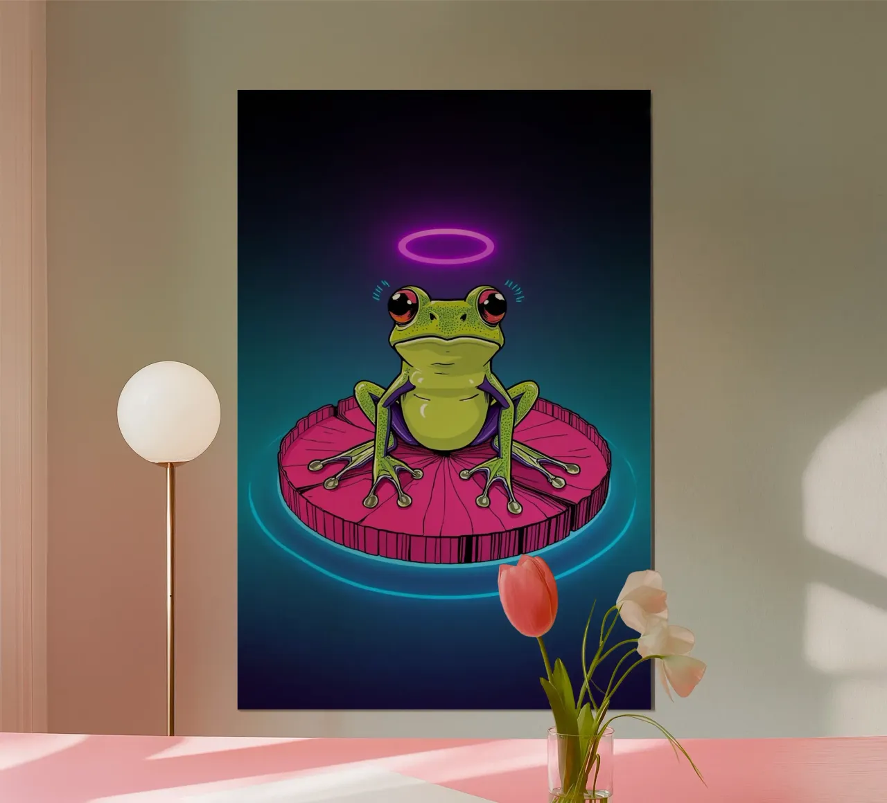 Rana cartone animato su ninfea con aureola poster con telaio in legno da DesignDoodle
