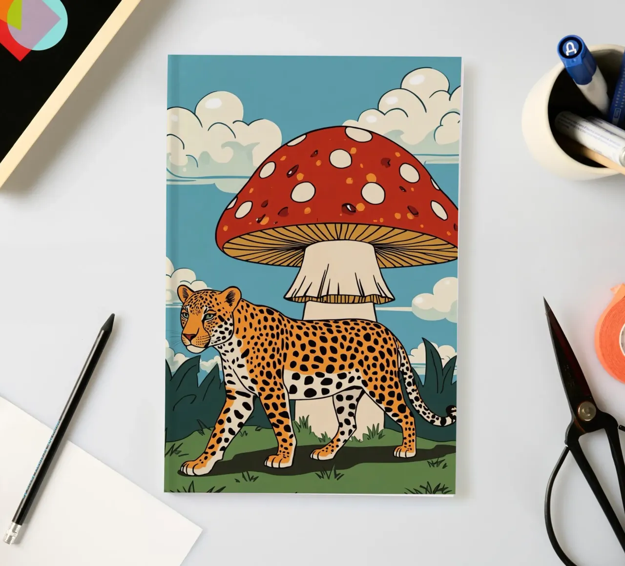 Leopard and Red Mushroom Landscape notebook by DesignDoodle