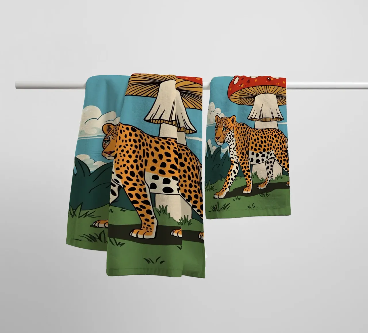 Leopard and Red Mushroom Landscape towel by DesignDoodle