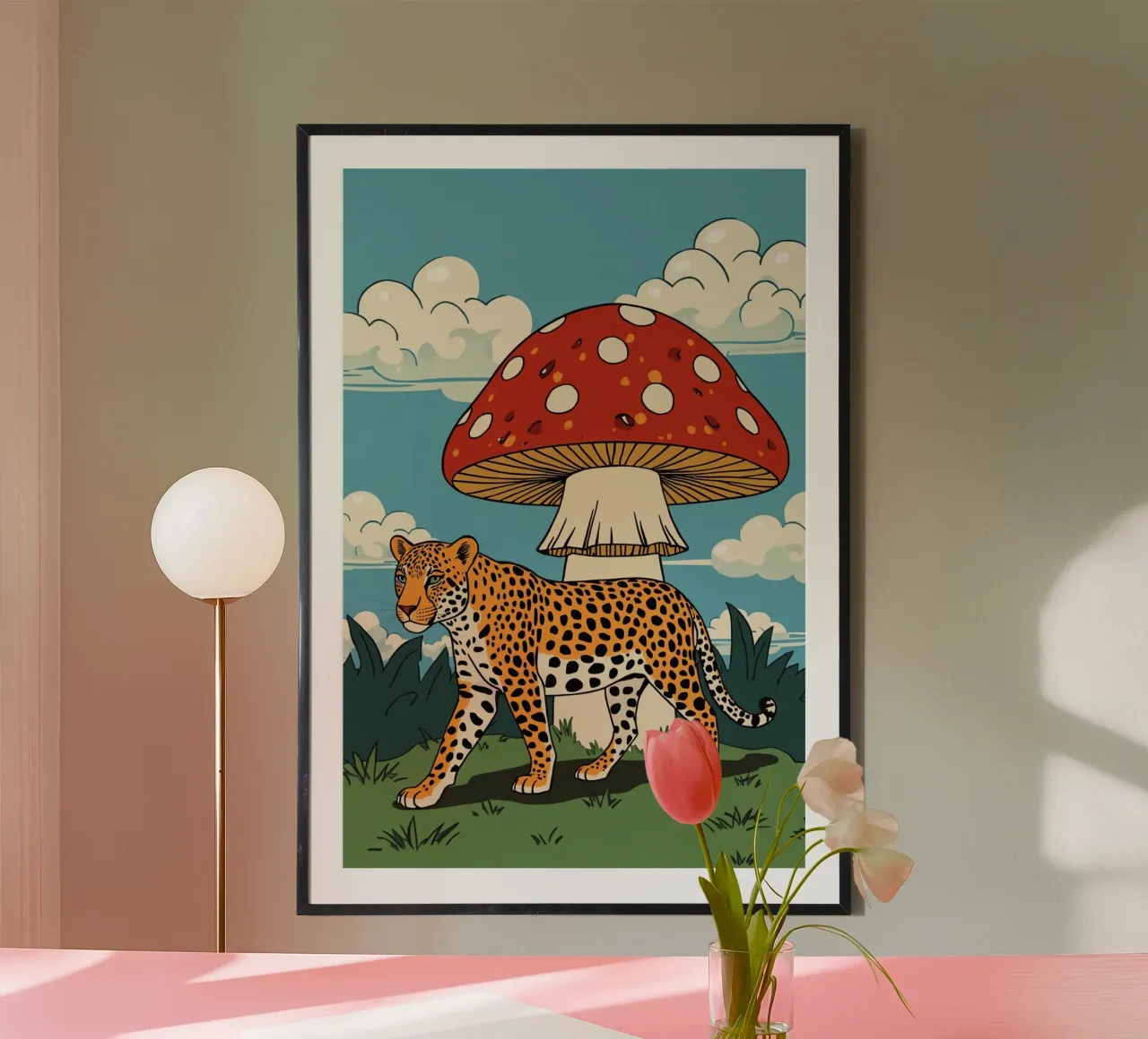 Paesaggio leopardiano e funghi rossi poster con telaio in legno da DesignDoodle