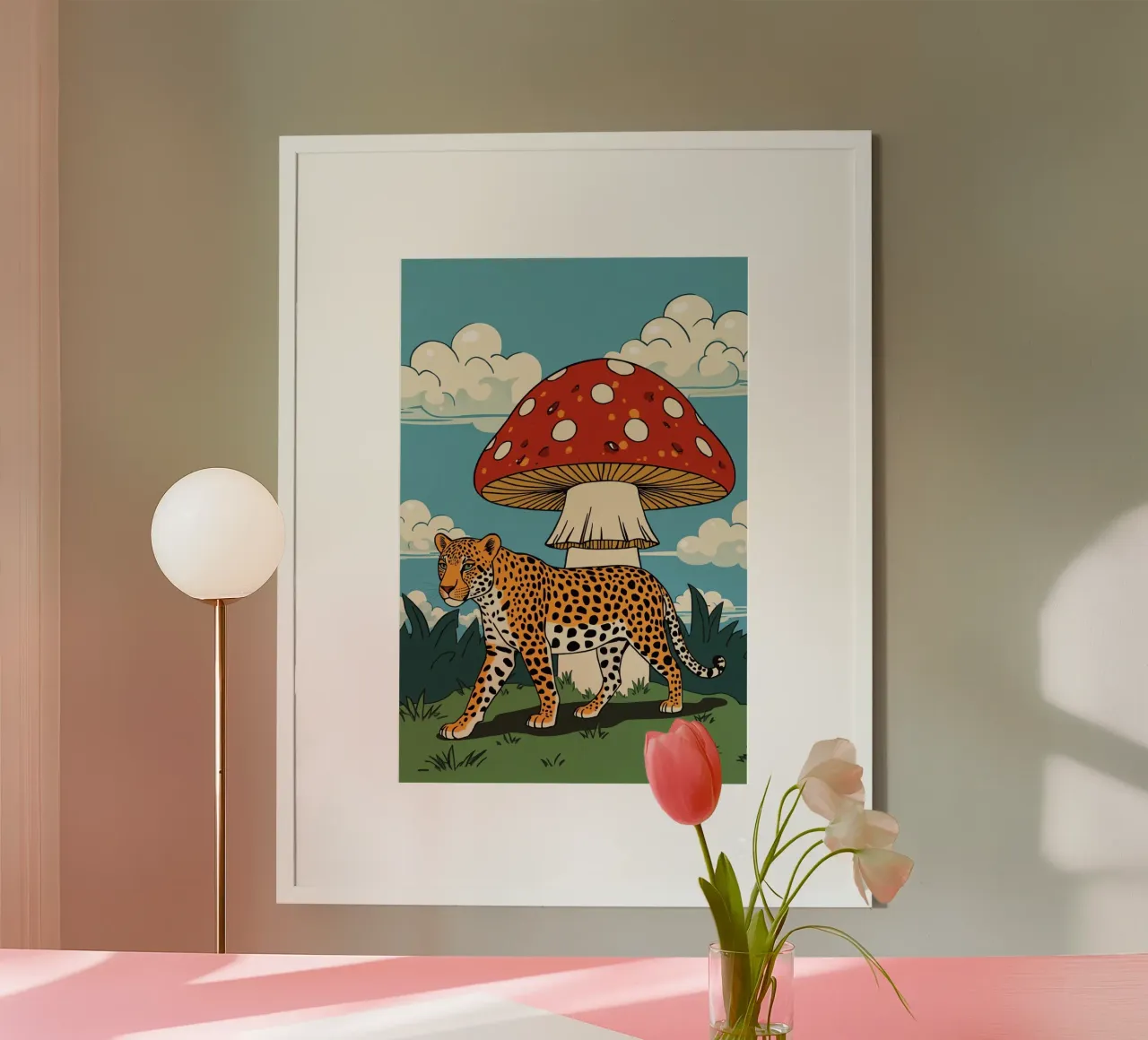 Paesaggio leopardiano e funghi rossi poster con telaio in legno da DesignDoodle