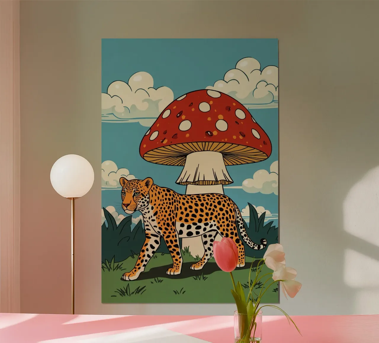 Paesaggio leopardiano e funghi rossi poster con telaio in legno da DesignDoodle