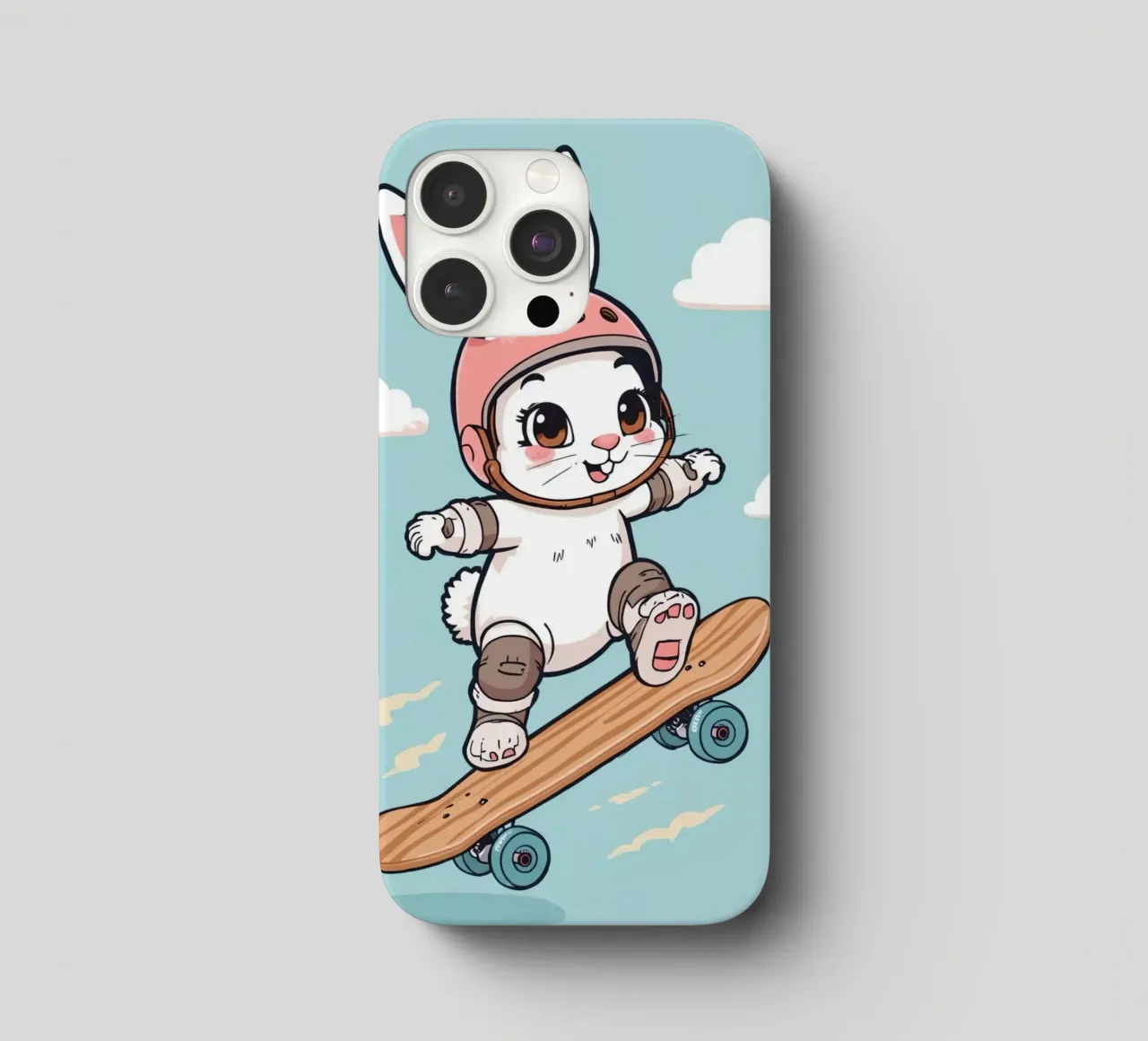 Coniglio cartone animato su skateboard con casco e protezioni cover iphone da DesignDoodle