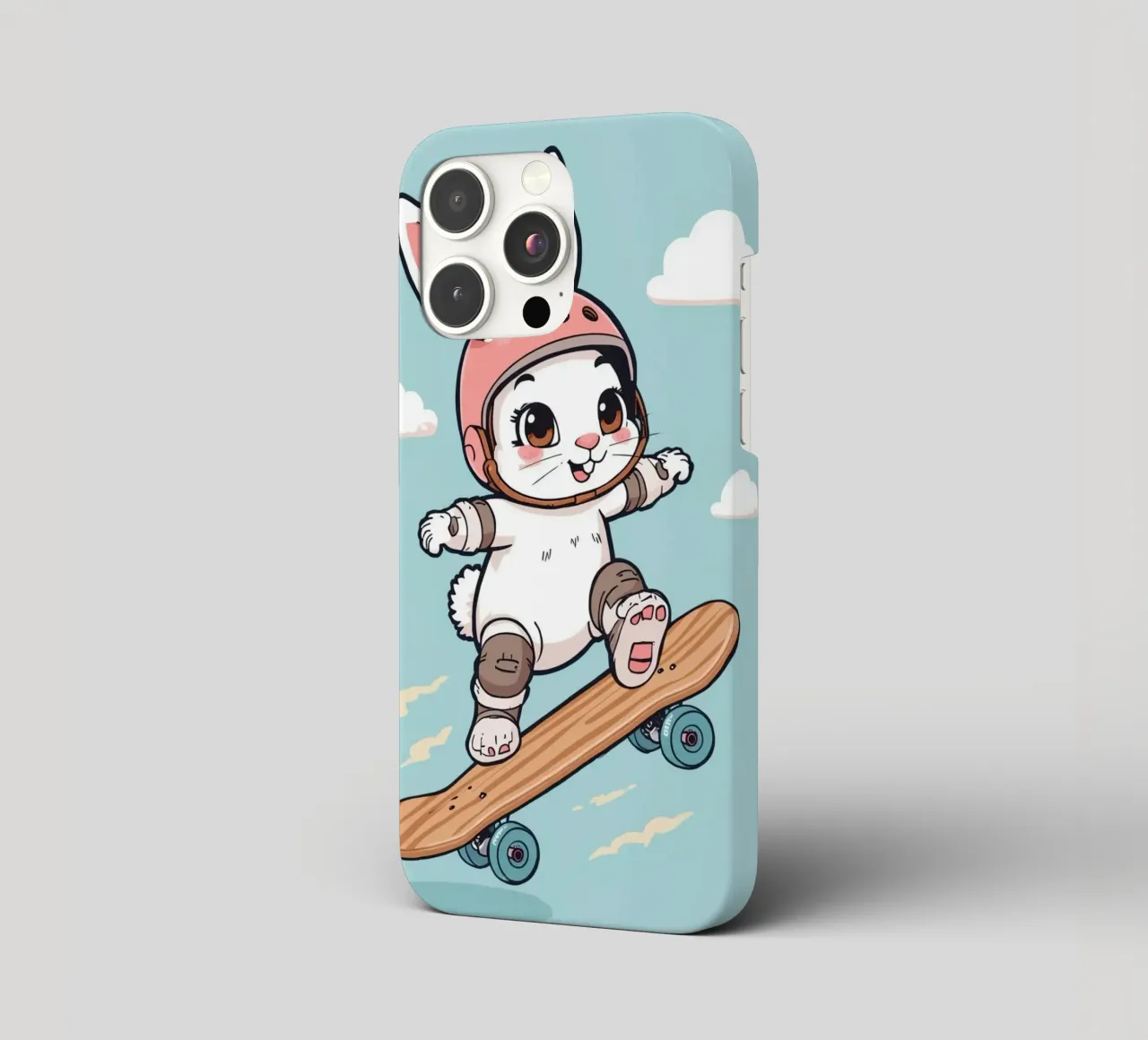 Coniglio cartone animato su skateboard con casco e protezioni cover iphone da DesignDoodle
