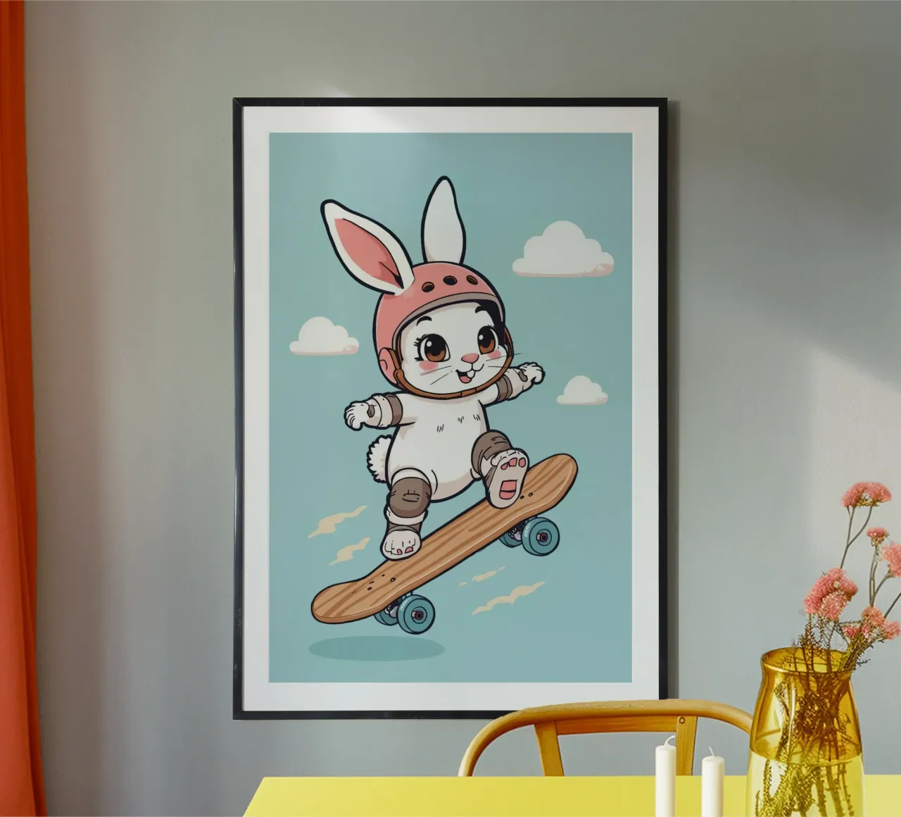 Conejo de dibujos animados en monopatín con casco y almohadillas poster con marco de aluminio de DesignDoodle