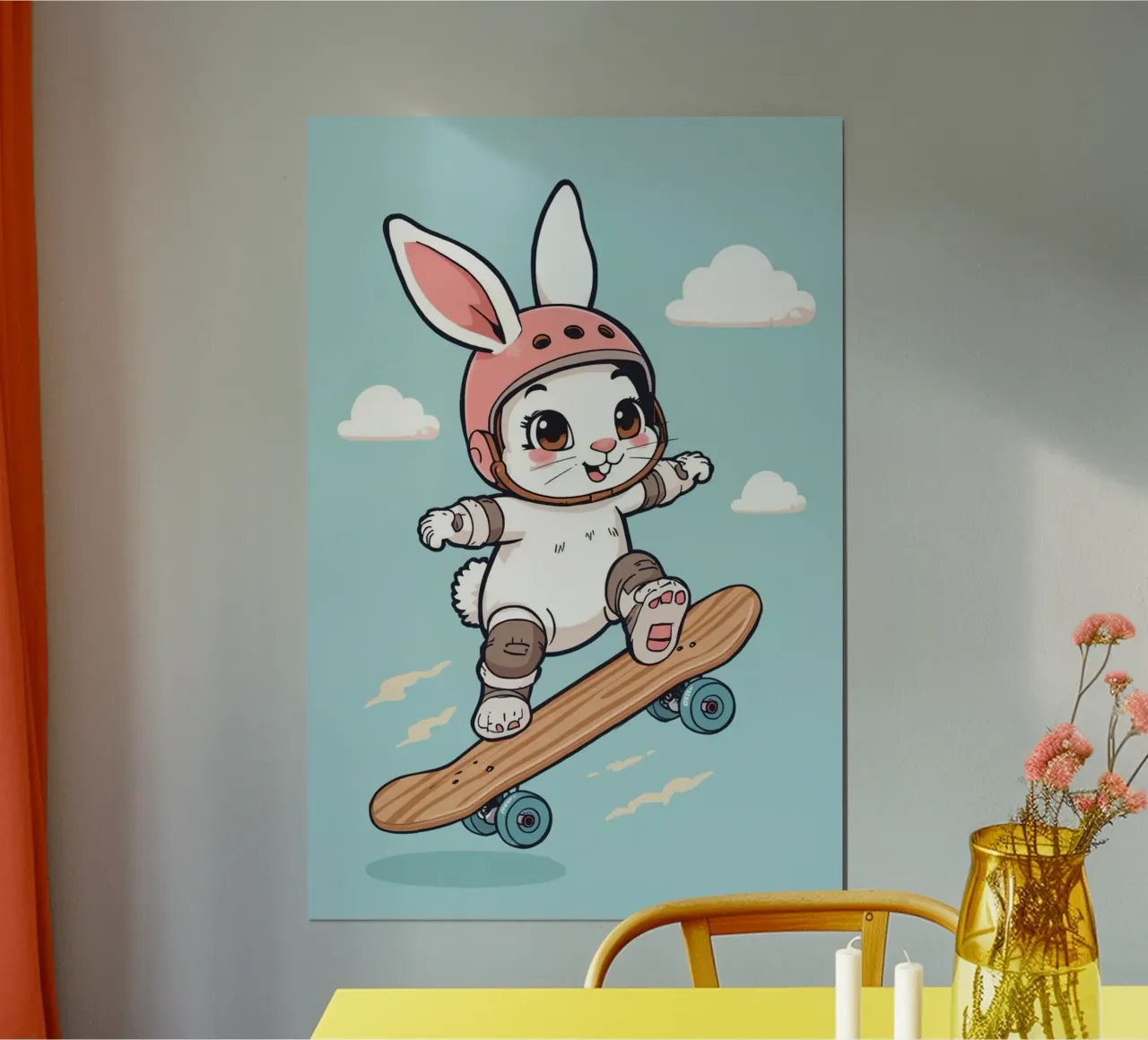 Conejo de dibujos animados en monopatín con casco y almohadillas poster con marco de aluminio de DesignDoodle
