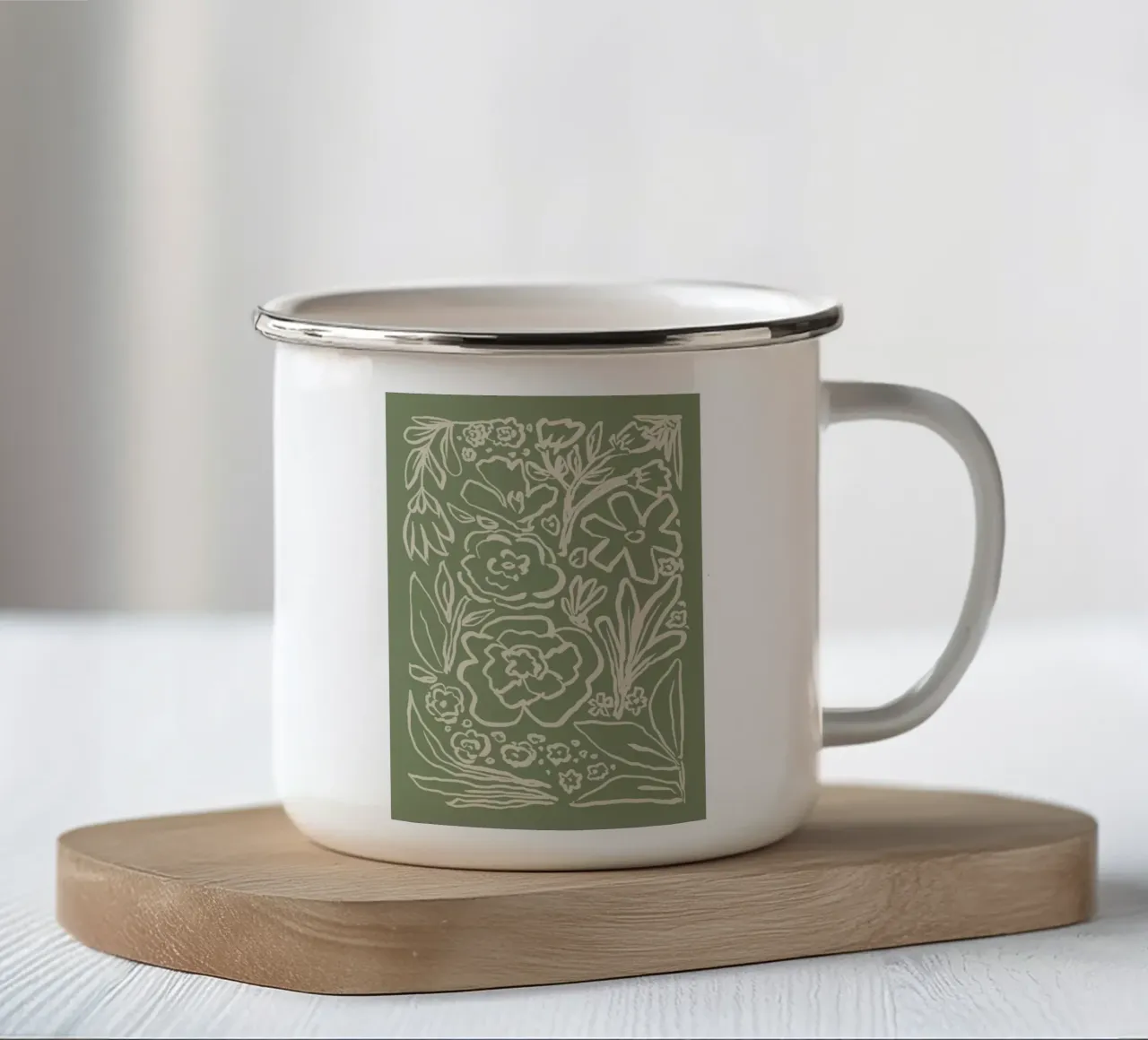 Line art floreale astratta su verde salvia tazza in smalto da Melloi Art Print