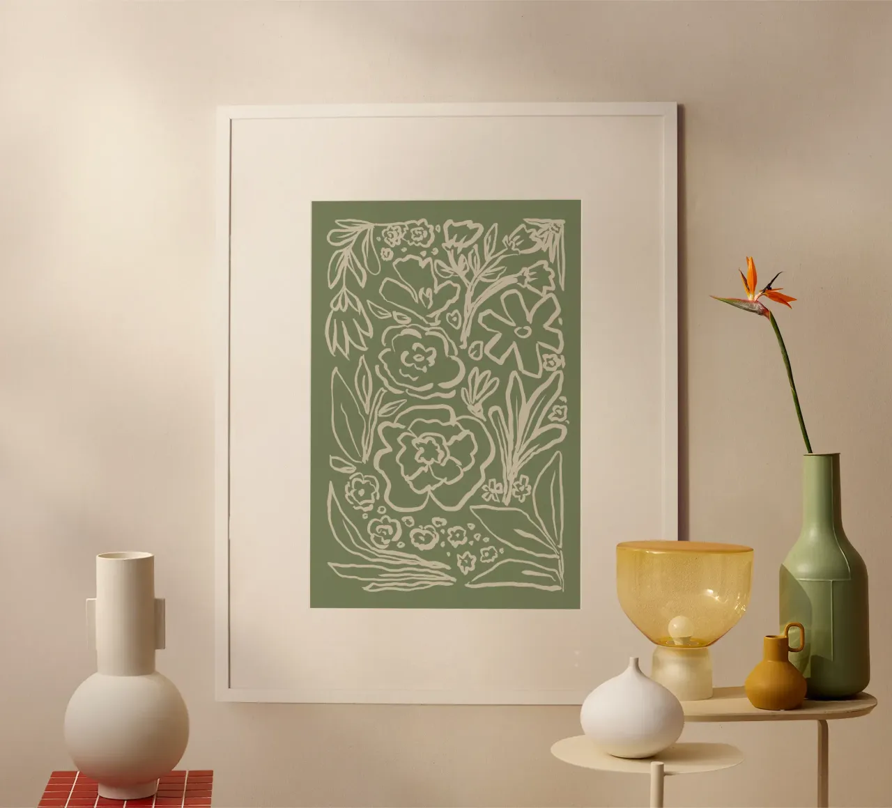 Dessin au trait floral abstrait sur fond vert sauge poster de Melloi Art Print