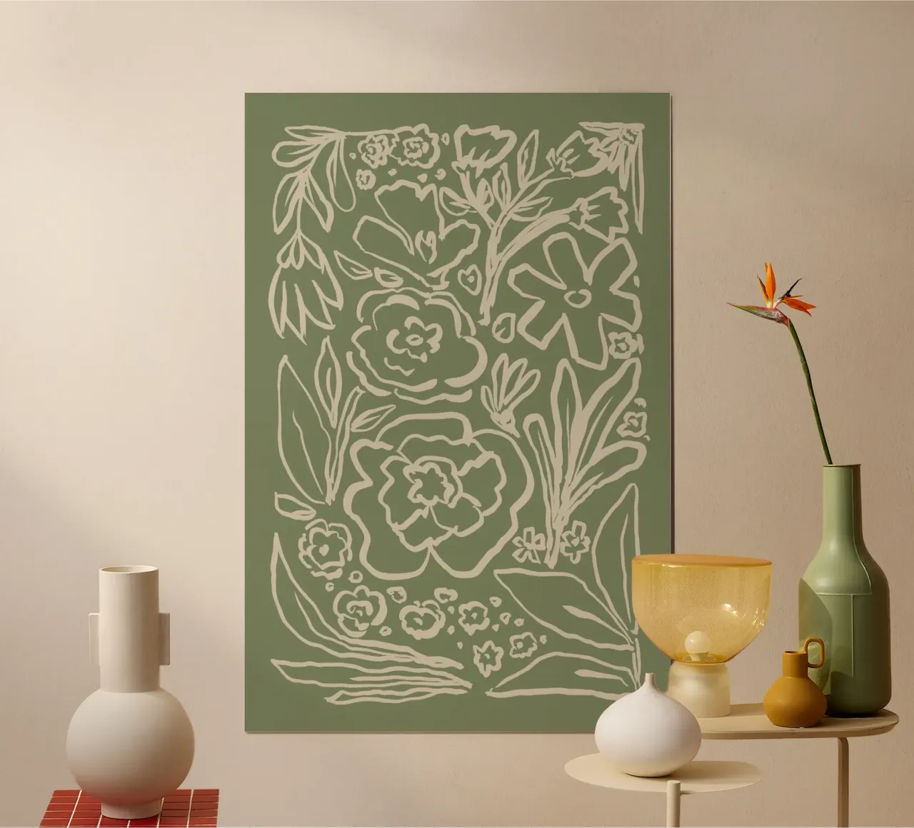 Dessin au trait floral abstrait sur fond vert sauge poster de Melloi Art Print