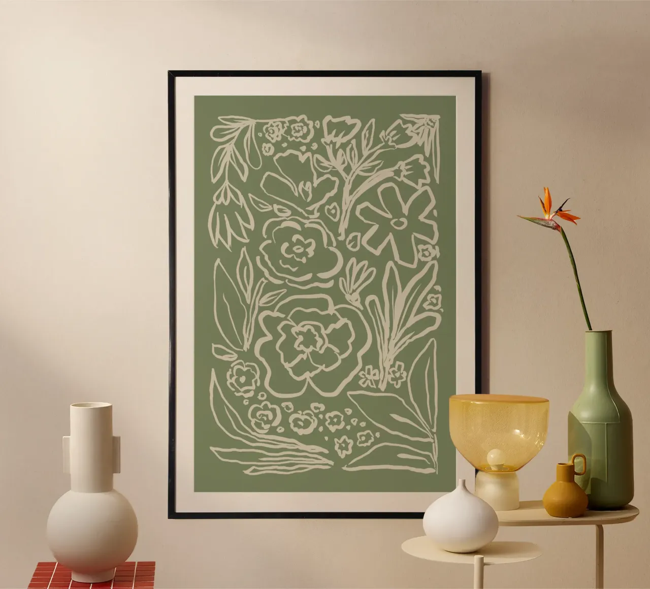 Dessin au trait floral abstrait sur fond vert sauge poster de Melloi Art Print