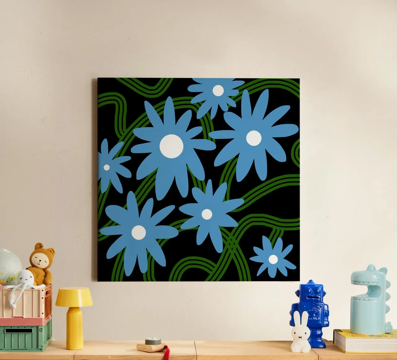 Blaue Blumen verheddern sich Leinwand mit Schattenfugenrahmen von Little Dean
