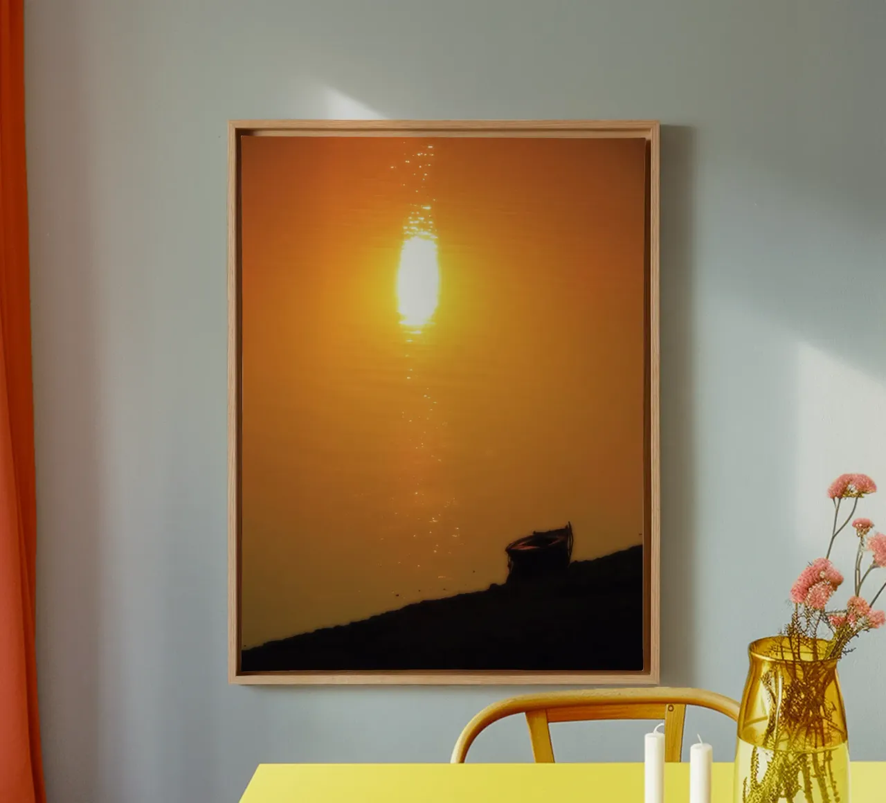 Zonsondergang in Varanasi (Ganges, India) canvas met Baklijst van Happy 😃 Art 🎨 by Christine Schnoell