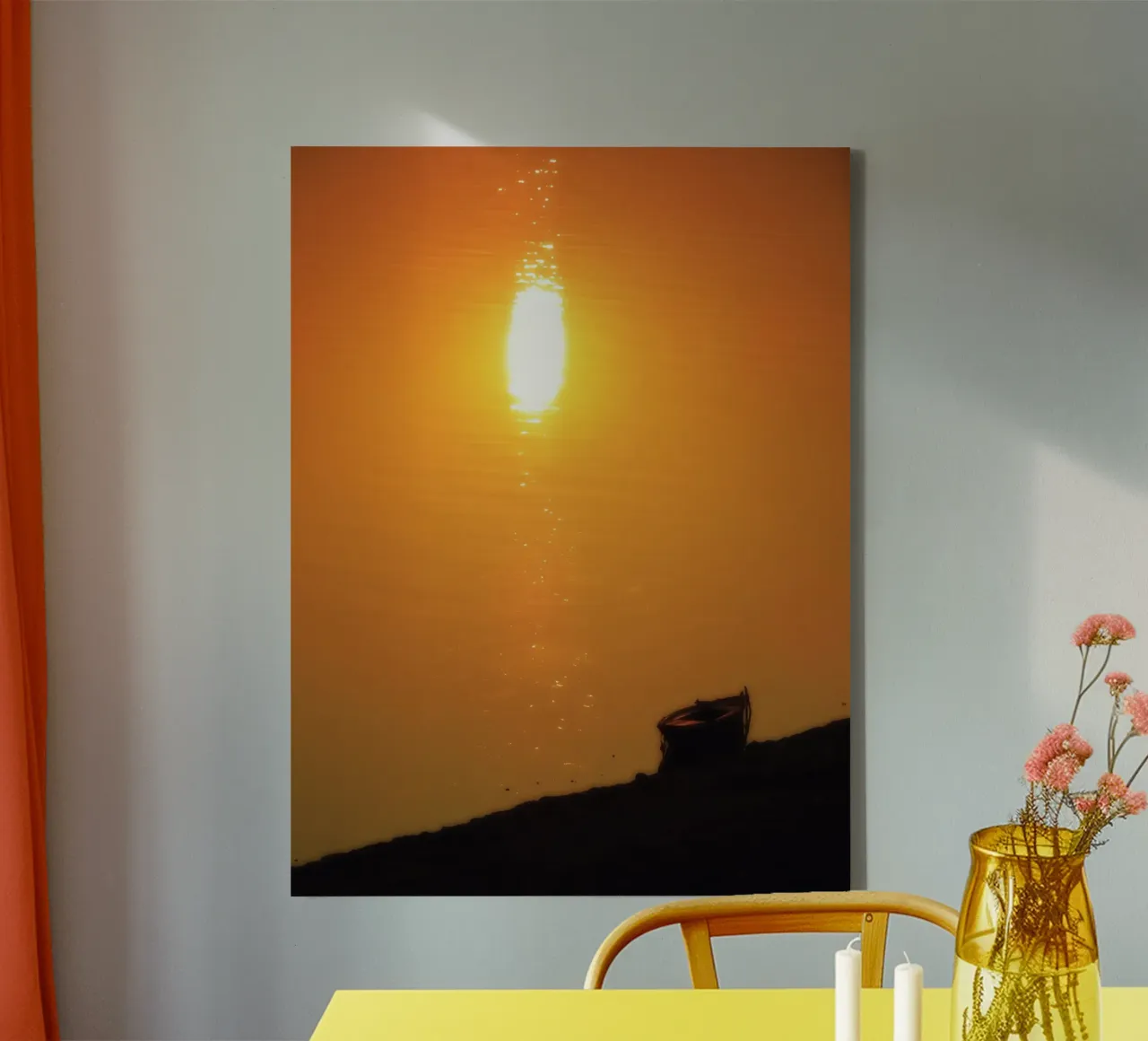 Zonsondergang in Varanasi (Ganges, India) canvas met Baklijst van Happy 😃 Art 🎨 by Christine Schnoell