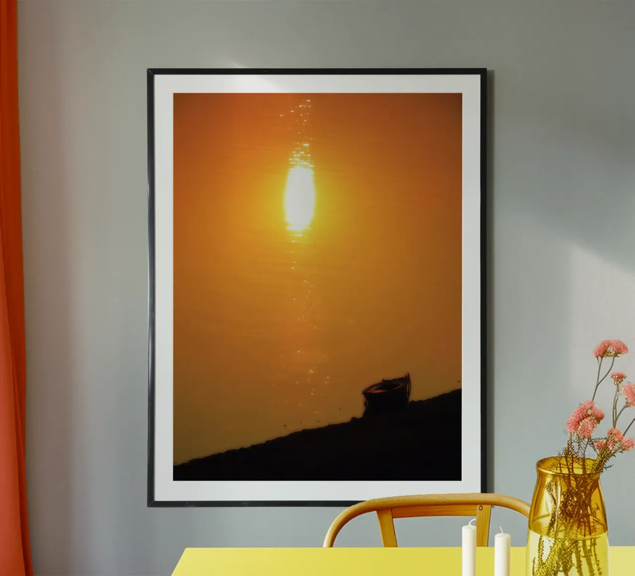 Zonsondergang in Varanasi (Ganges, India) poster van Happy 😃 Art 🎨 by Christine Schnoell