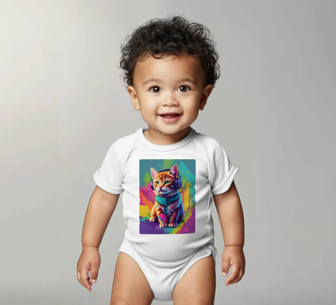Piccolo gatto con cuffie wpap body neonato maniche corte da MakArena