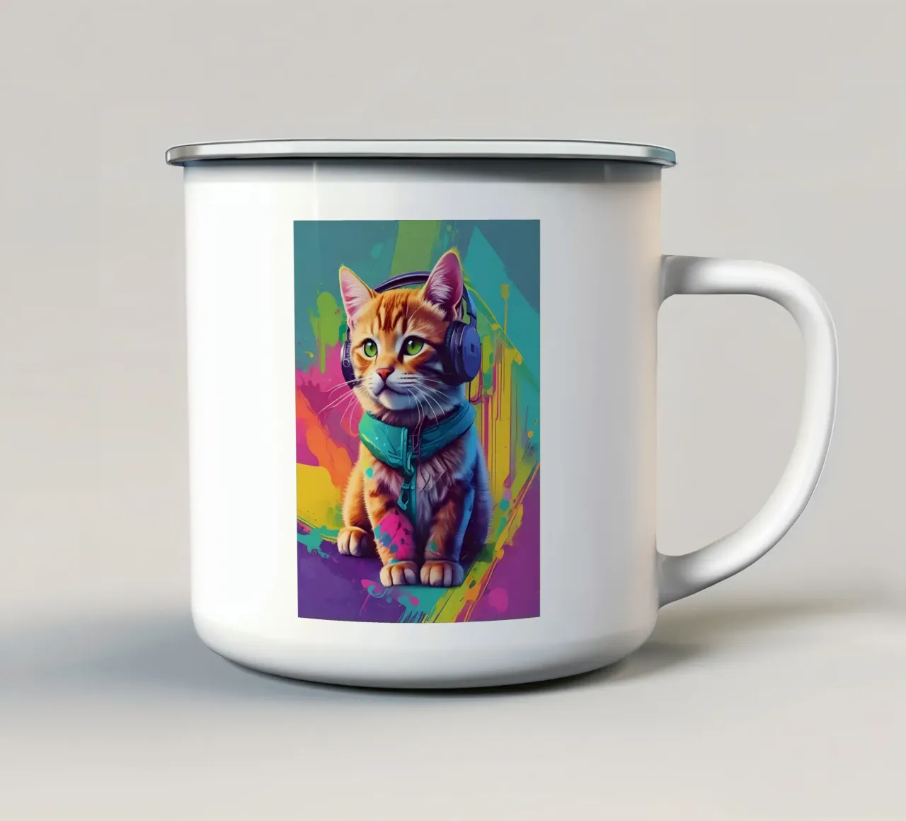 Piccolo gatto con cuffie wpap tazza in smalto da MakArena