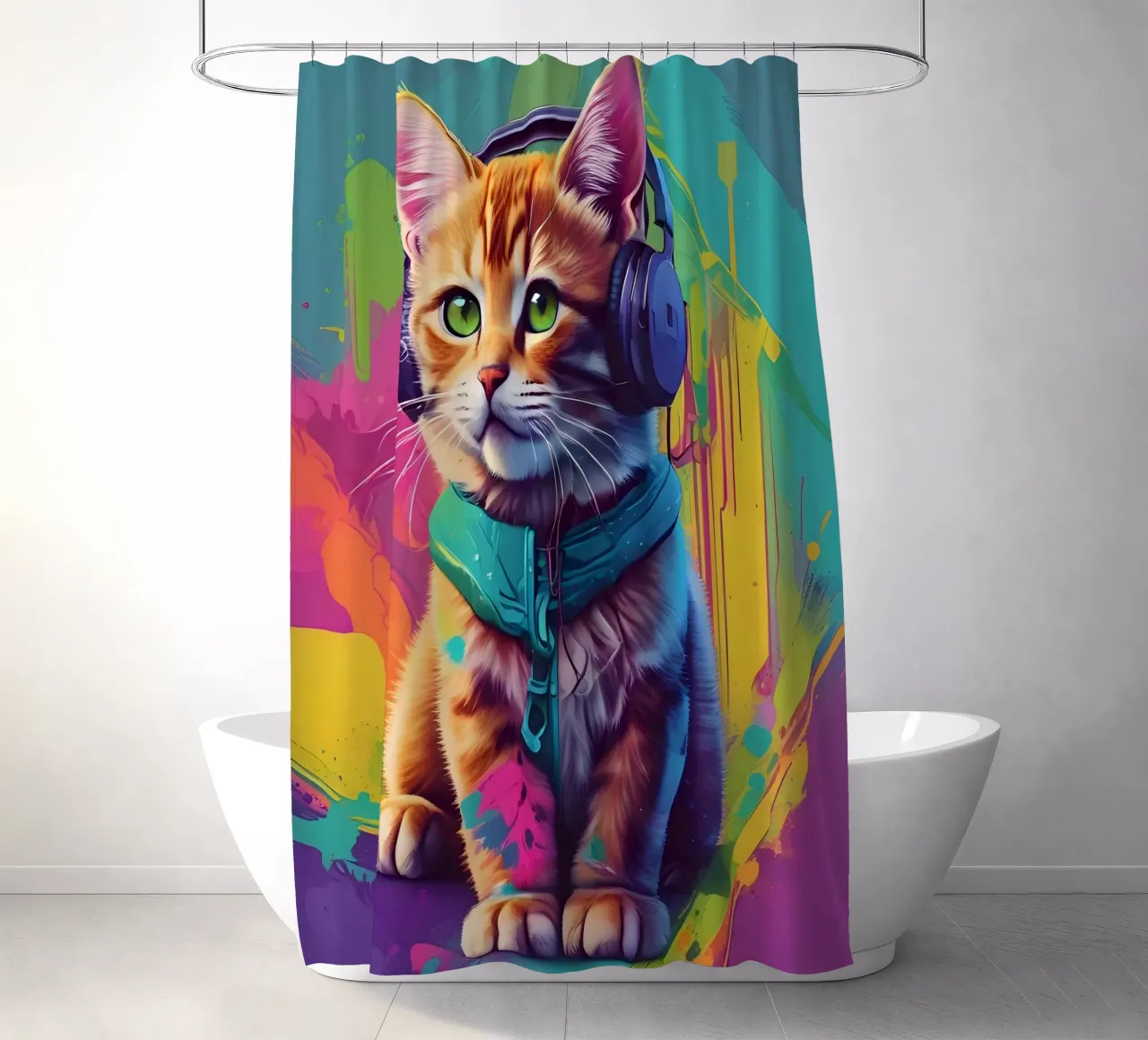 Piccolo gatto con cuffie wpap tenda da doccia da MakArena