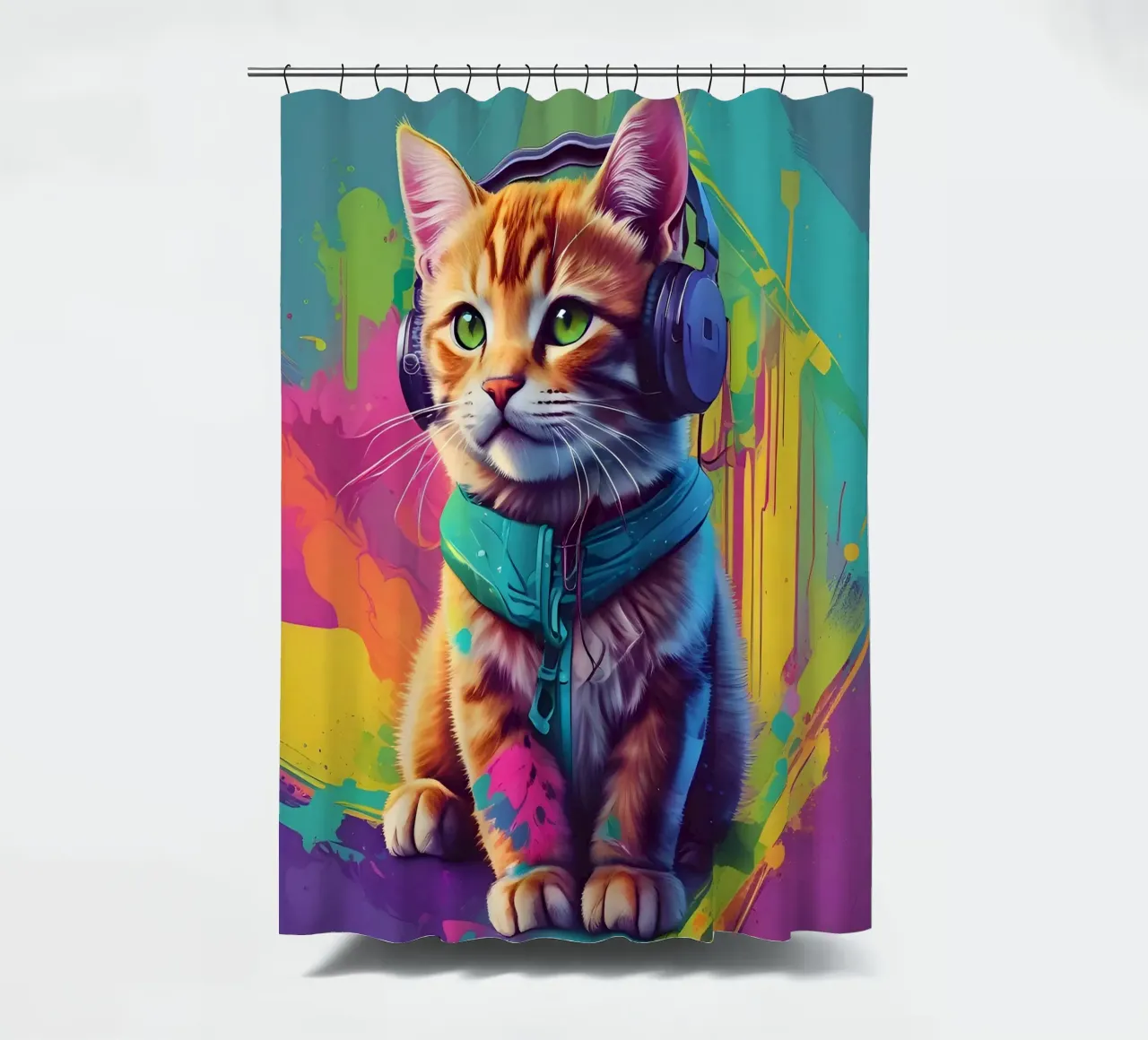 Piccolo gatto con cuffie wpap tenda da doccia da MakArena