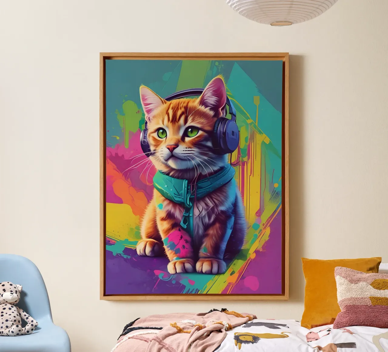 Piccolo gatto con cuffie wpap tela con Cornice a cassetta da MakArena