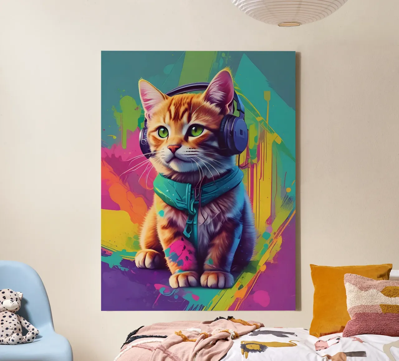 Piccolo gatto con cuffie wpap tela con Cornice a cassetta da MakArena