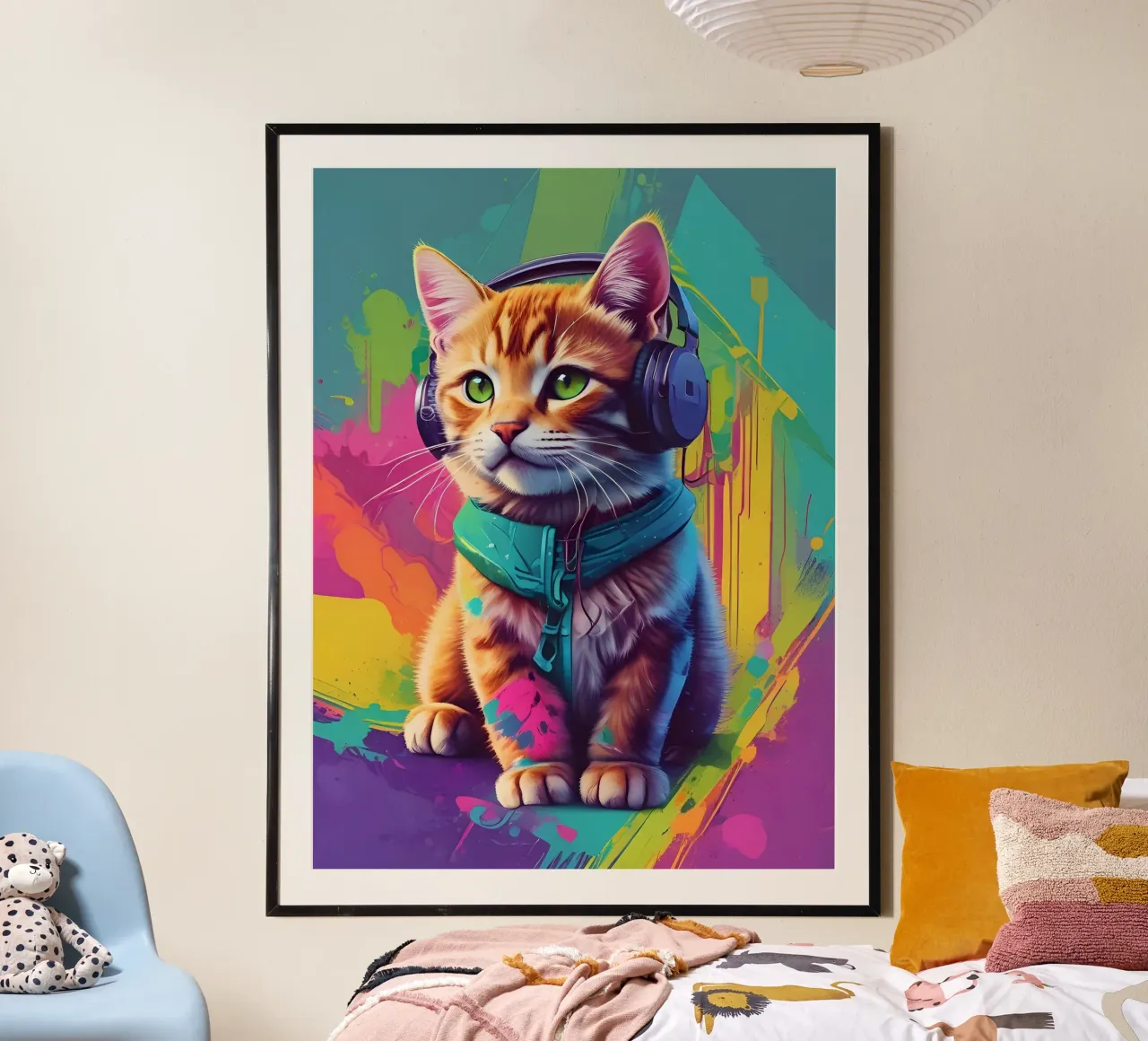 Piccolo gatto con cuffie wpap poster con telaio in plastica da MakArena