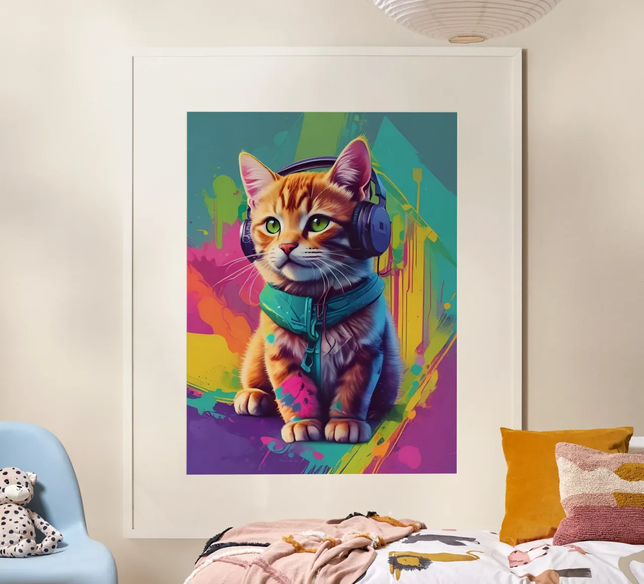 Piccolo gatto con cuffie wpap poster con telaio in plastica da MakArena