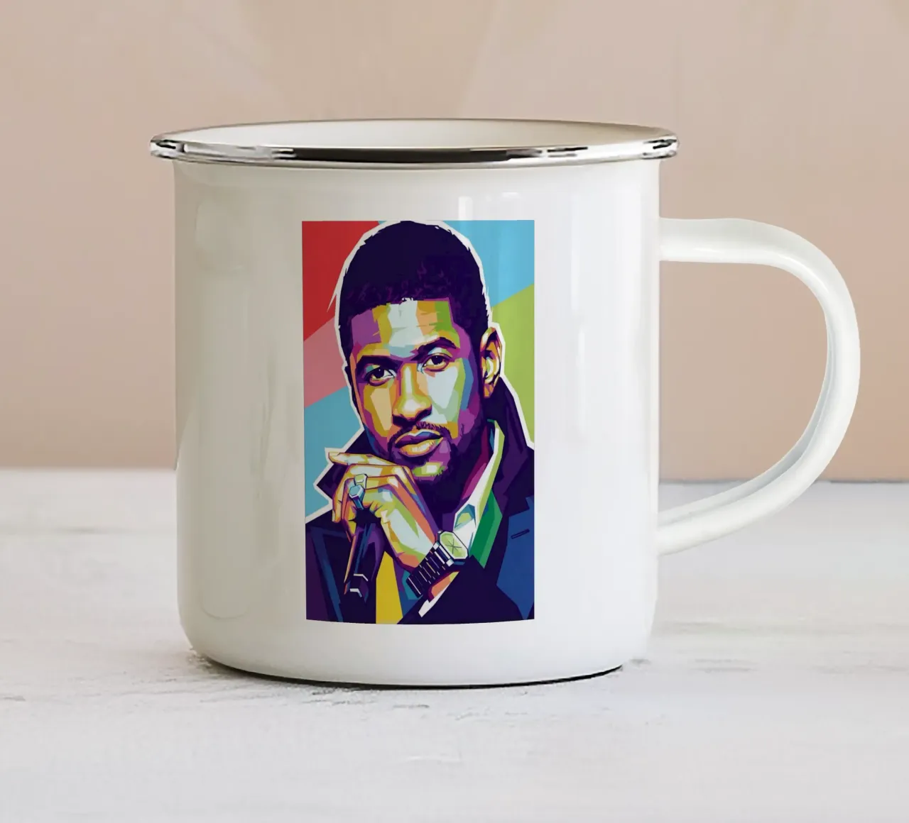 Ritratto pop art di Usher tazza in smalto da Hantamrata