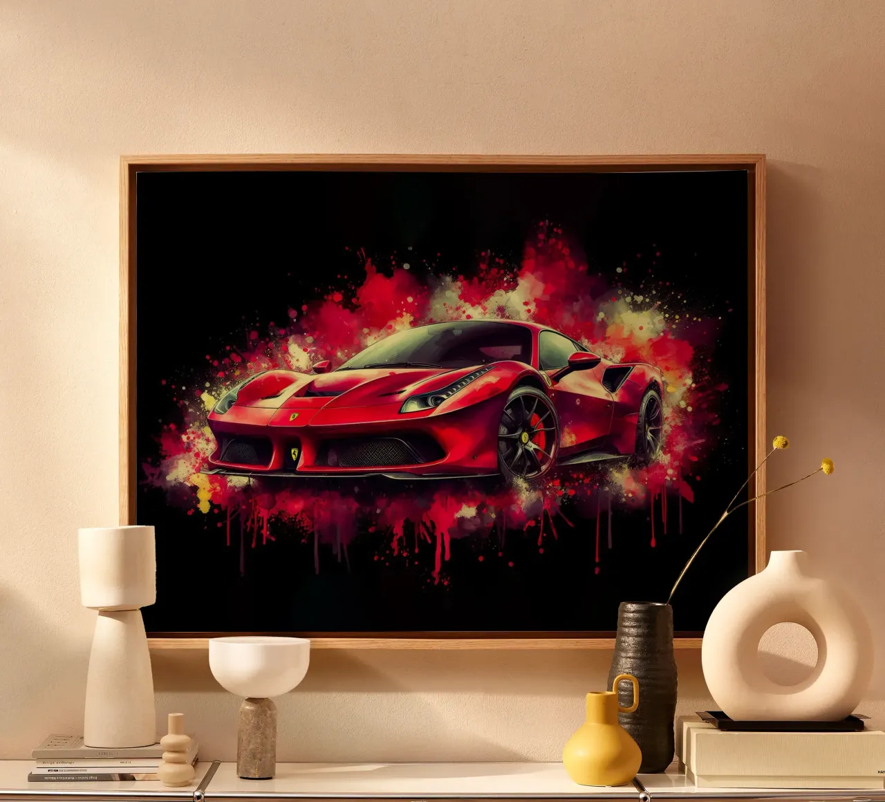 Red Ferrari with Watercolor Splatter canvas with Floater frame by 🥝 KIWI STORE