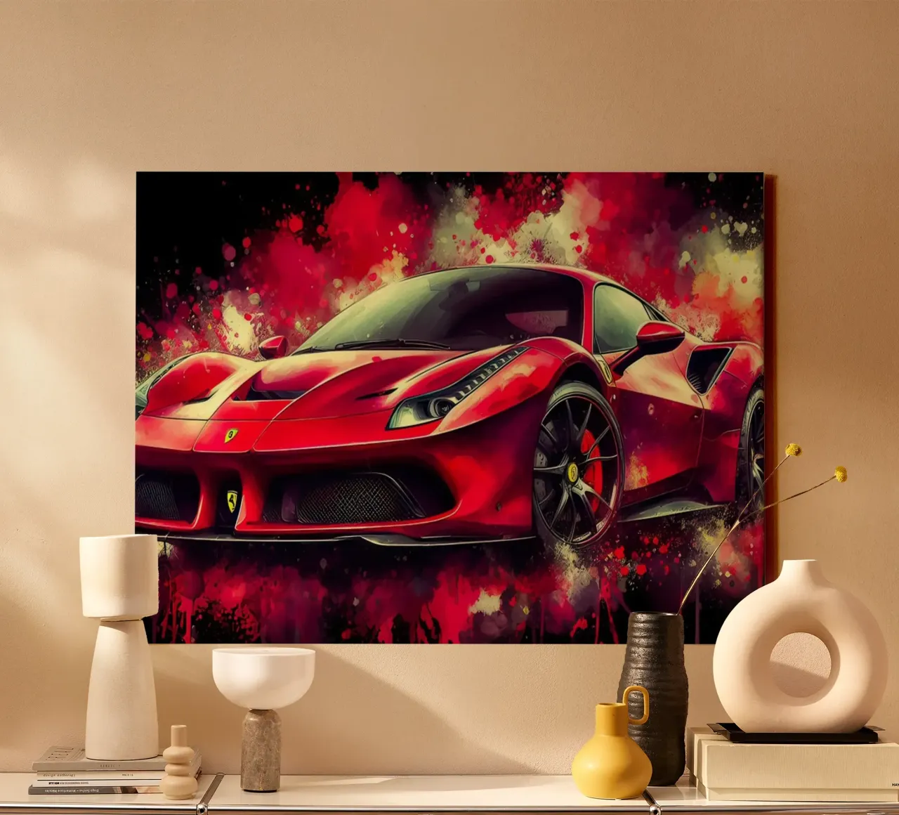Red Ferrari with Watercolor Splatter canvas with Floater frame by 🥝 KIWI STORE