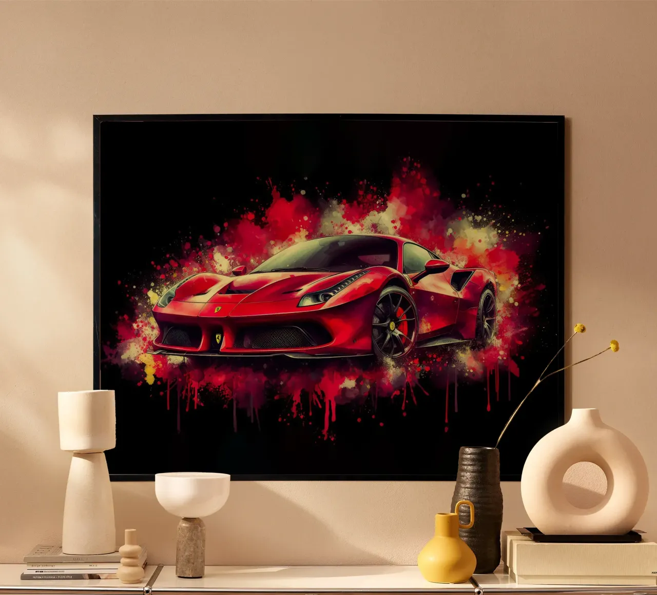 Rosso Ferrari con schizzi di acquerello poster con telaio in legno da 🥝 KIWI STORE