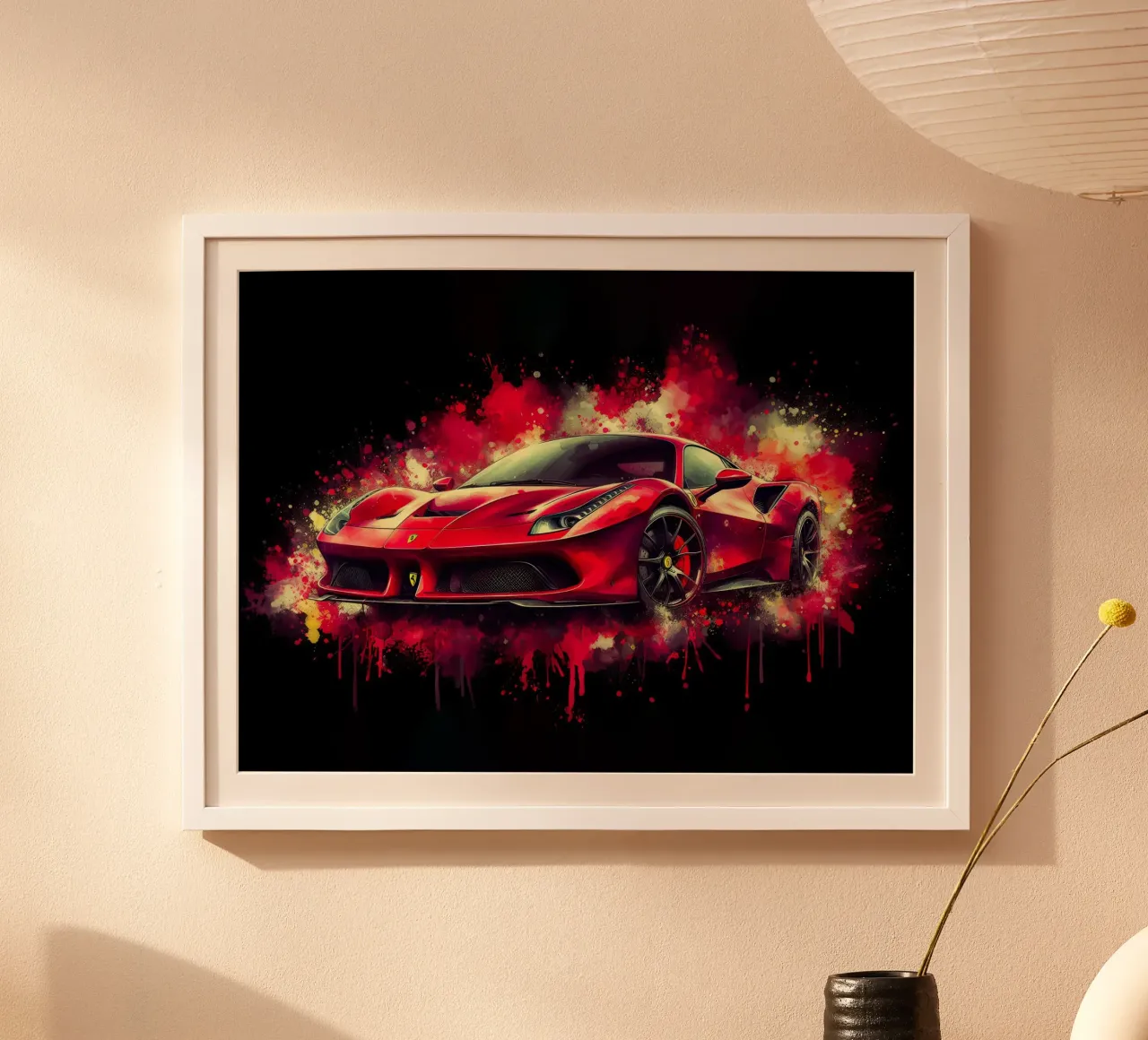 Rosso Ferrari con schizzi di acquerello poster con telaio in legno da 🥝 KIWI STORE