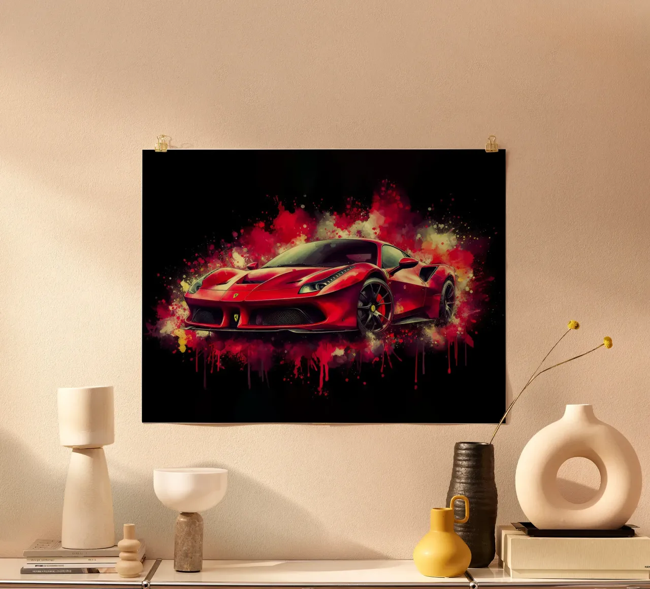 Rosso Ferrari con schizzi di acquerello poster con telaio in legno da 🥝 KIWI STORE