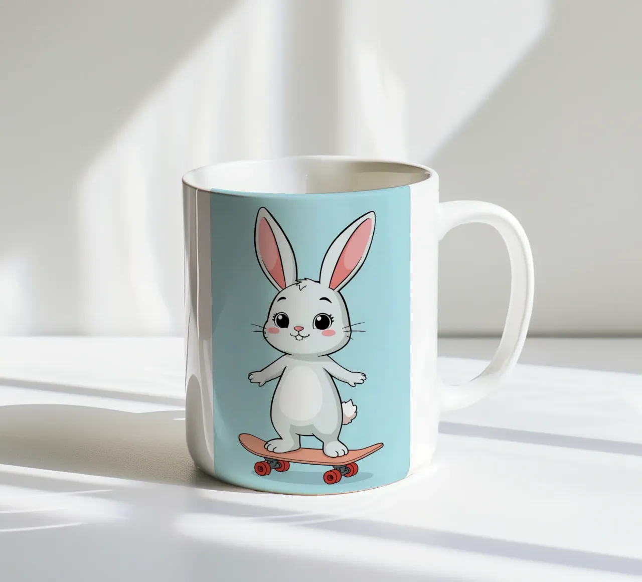 Coniglio animato che cavalca lo skateboard rosa tazza in ceramica da DesignDoodle