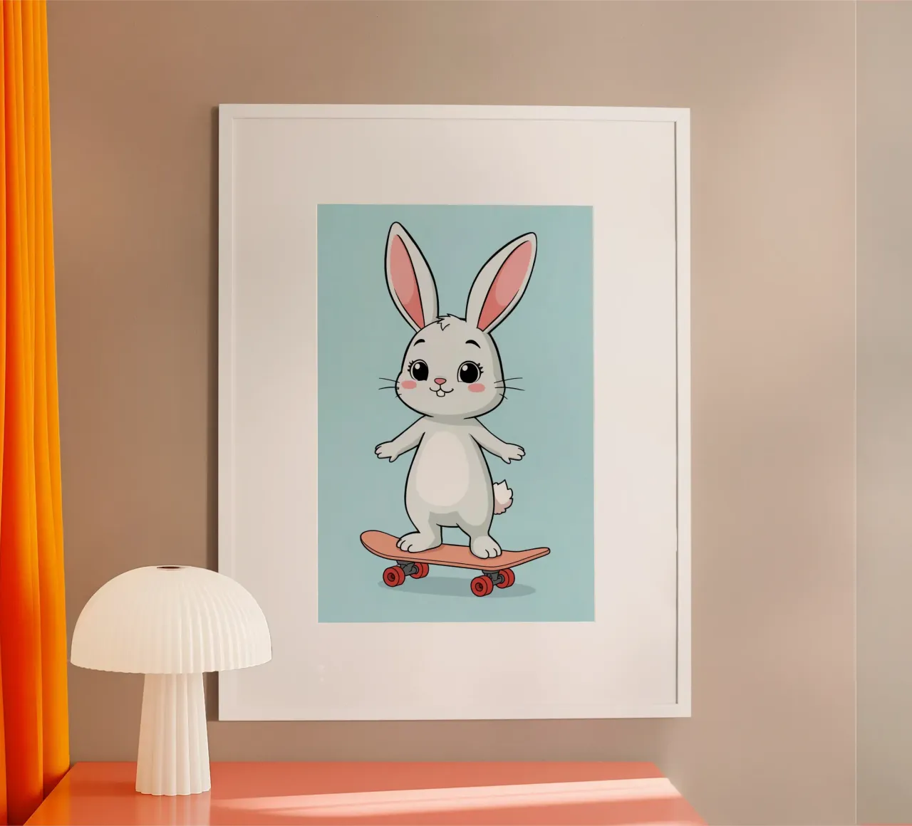Conejo de dibujos animados montado en un monopatín rosa poster de DesignDoodle