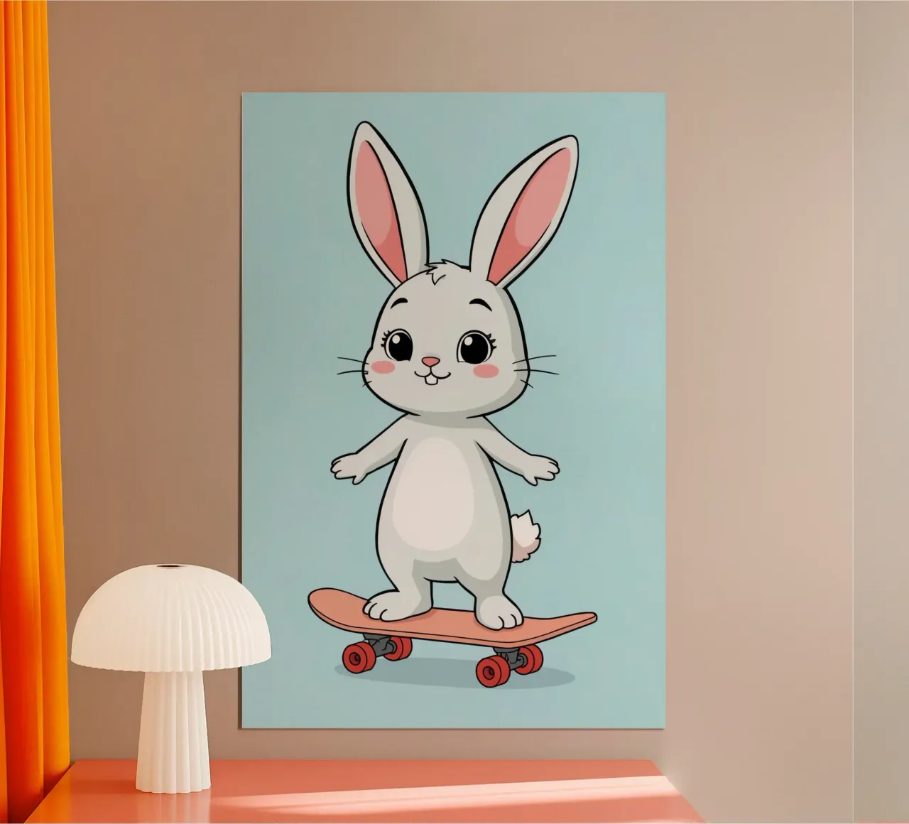 Conejo de dibujos animados montado en un monopatín rosa poster de DesignDoodle