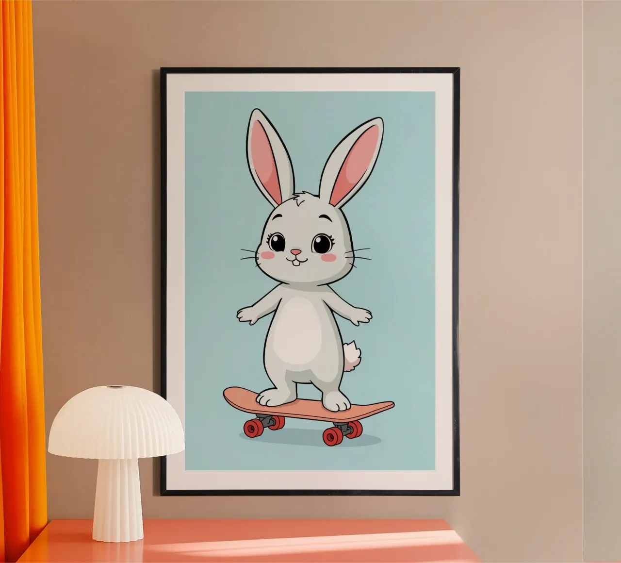 Conejo de dibujos animados montado en un monopatín rosa poster de DesignDoodle