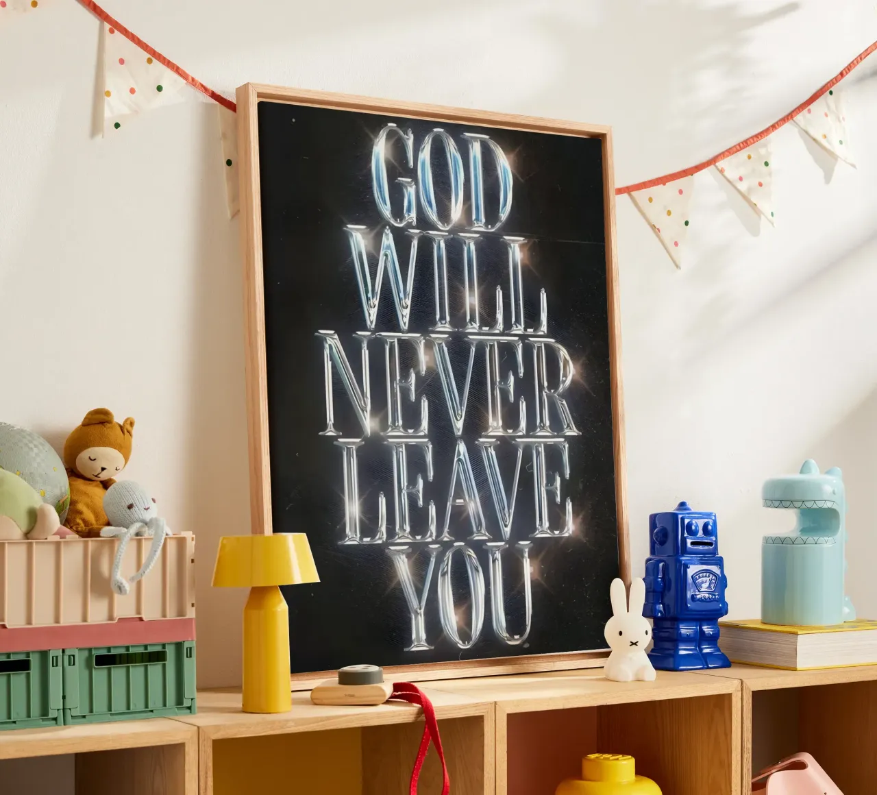 'GOD NEVER LEAVE YOU' tela con Cornice a cassetta da Type & Tape