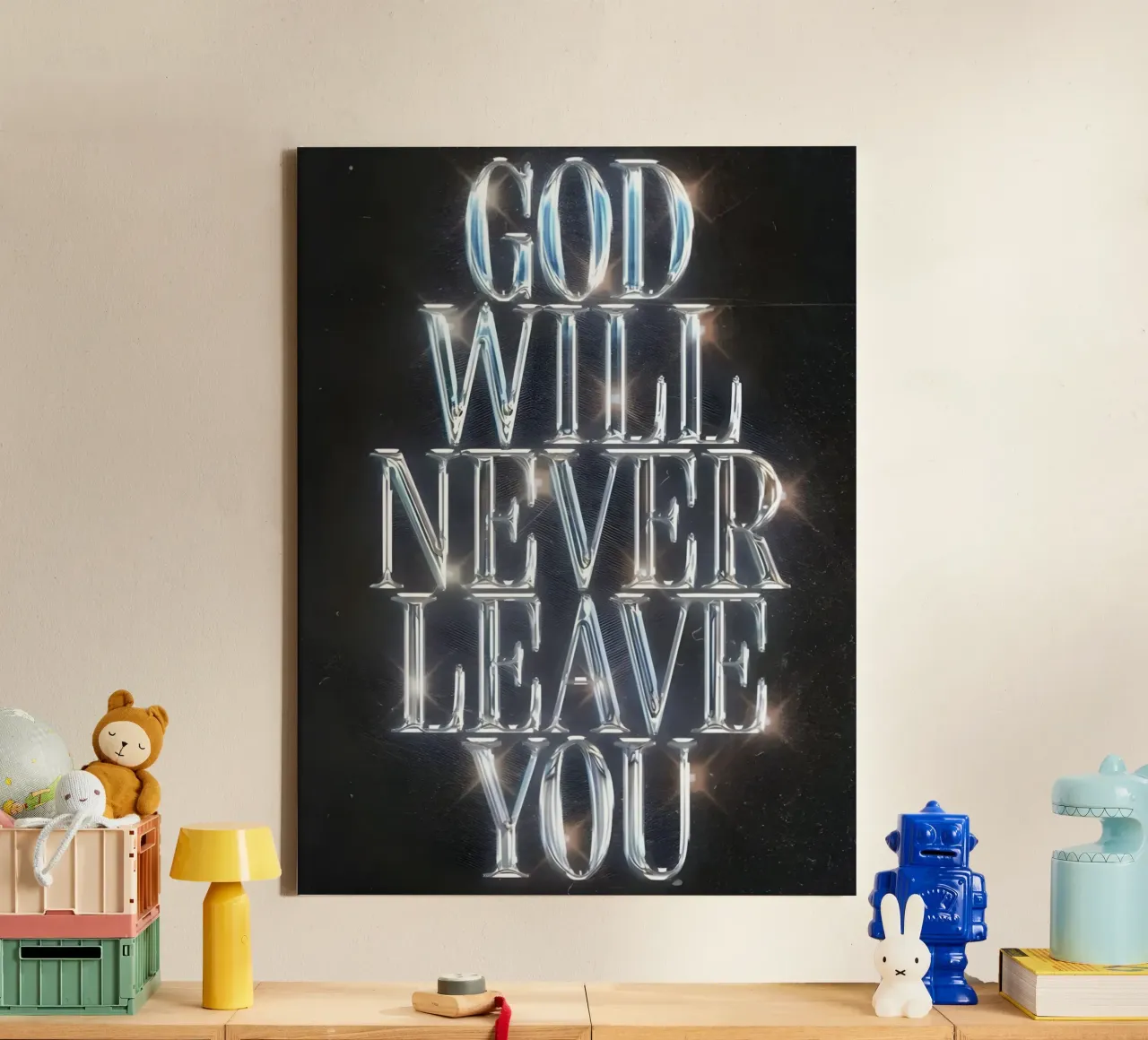 'GOD NEVER LEAVE YOU' tela con Cornice a cassetta da Type & Tape