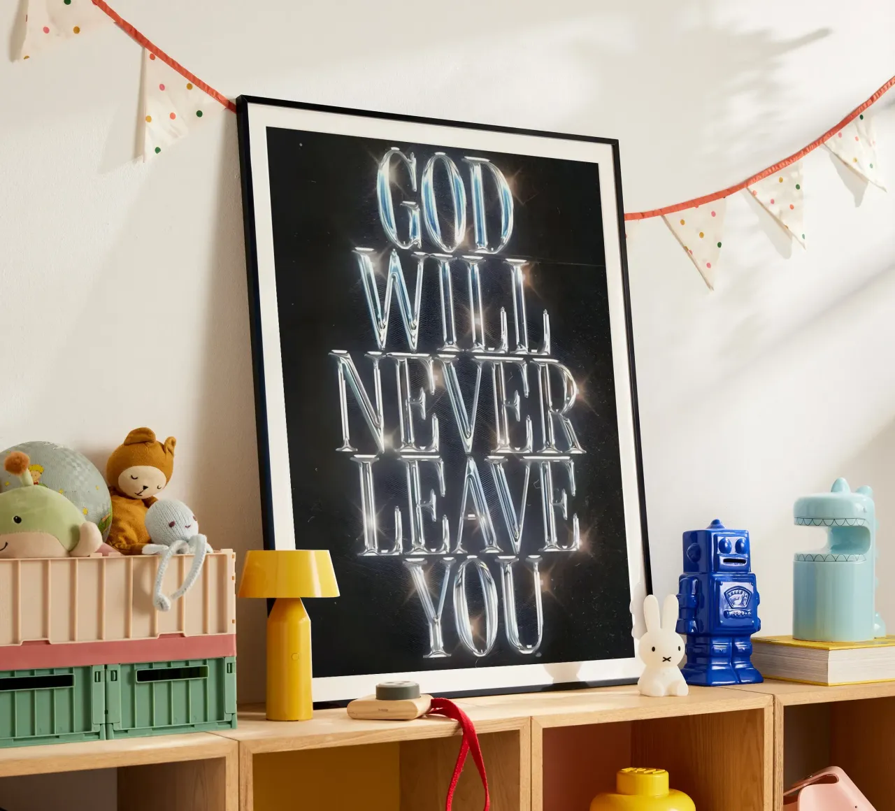 'GOD NEVER LEAVE YOU' poster con telaio in alluminio da Type & Tape